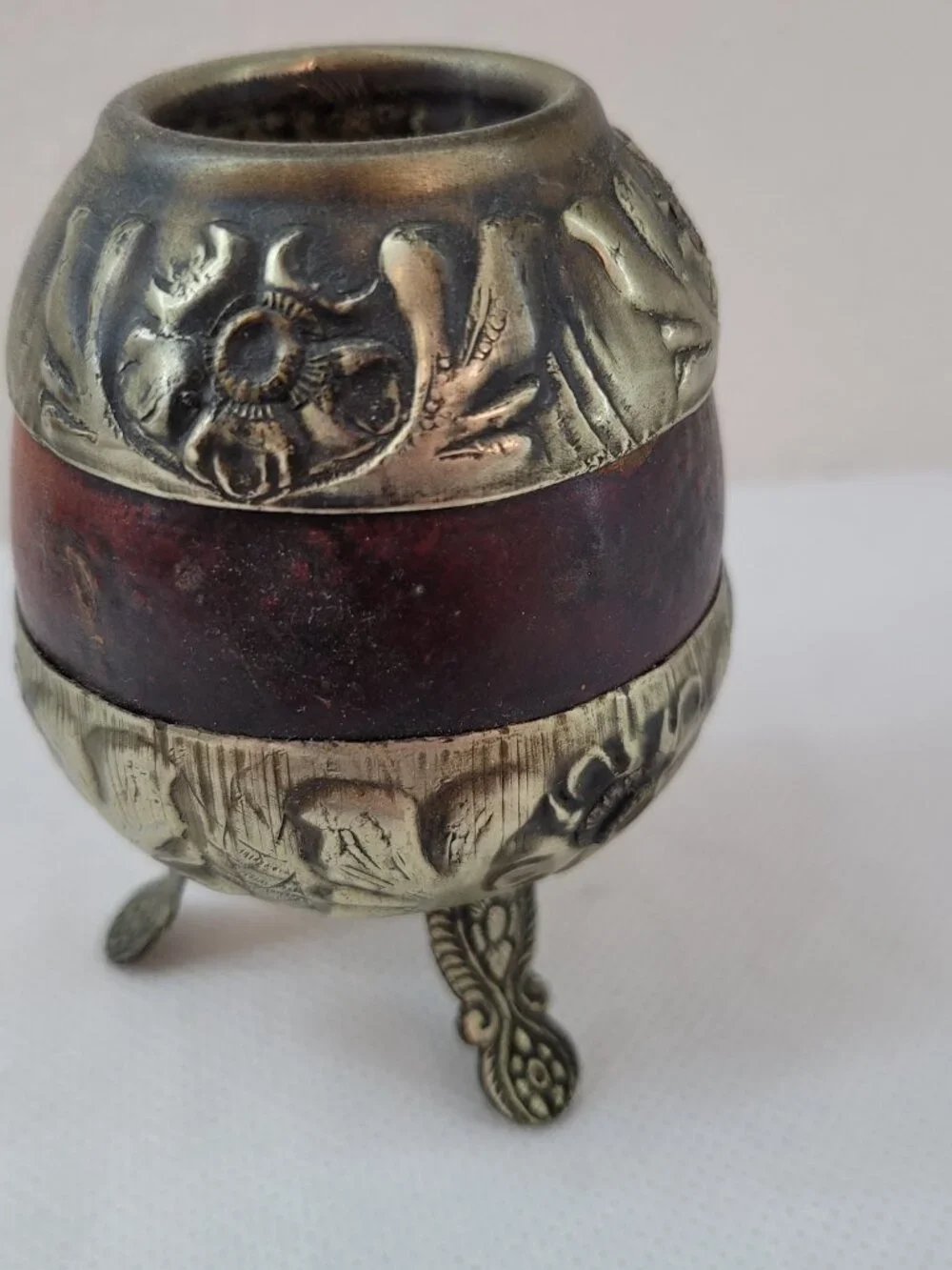 Vintage Argentine Yerba Mate Gourd Cup Metal Trim MF Ind Arg Art Deco